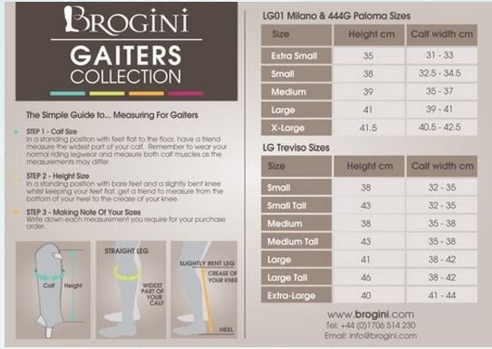 brogini gaiters size chart